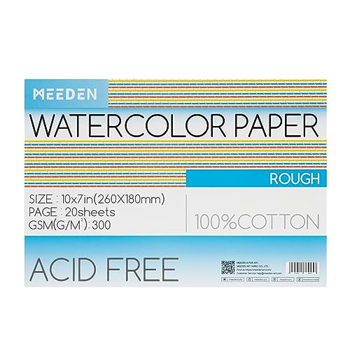 MEEDEN Aquarellpapierblock, 100 % Baumwolle, Aquarellpapierblock mit 20 Blatt, 63,5 kg/300 g/m², säurefreies Kunstpapier für Aquarell, Gouache, Tinte und mehr, 25,4 x 17,8 cm, grobe Körnung von MEEDEN