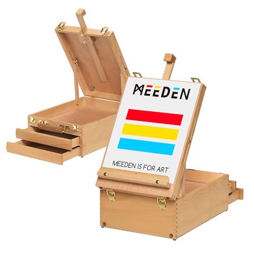 MEEDEN Schreibtisch Skizzenkasten Kunststaffelei – Multifunktionale, Verstellbare Skizzenbox aus Buchenholz mit 2 Schubladen für PleinAir-Künstler, Kunststudenten und Anfänger von MEEDEN
