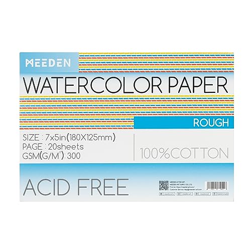 Meeden Aquarellpapierblock, 100 % Baumwolle, Aquarellpapierblock mit 20 Blatt, 63,5 kg/300 g, säurefreies Kunstpapier für Aquarell, Gouache, Tinte und mehr, 12,7 x 17,8 cm, grobe Körnung von MEEDEN