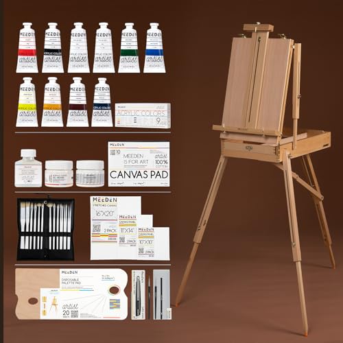 MEEDEN Staffelei Set, Französischen Sti, 15x100ml Acryl-Farben, Pinsel-Set, Leinwand, gespannte Leinwand, schönes Geschenk für Künstler, Anfänger und Erwachsene, 40tlg von MEEDEN