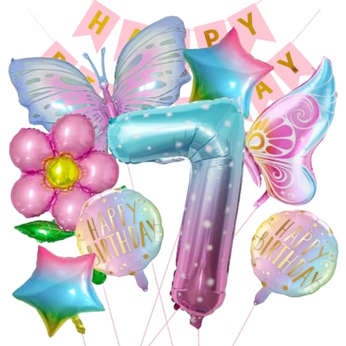 Schmetterlingsballons Geburtstagsdekorationen, 12 Stück Schmetterling Party Dekoration, Happy Birthday Banner, Folienballon, Party (7. Geburtstag) von MEETOZ