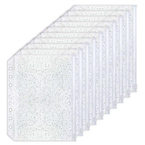 10 x A5-Umschläge mit Reißverschluss, transparent, Glitzer, PVC, 6 Löcher, Reißverschluss, lose Blättertaschen für 6 Ringbücher, Planer (A5, 15 x 20,8 cm) von MEI YI TIAN