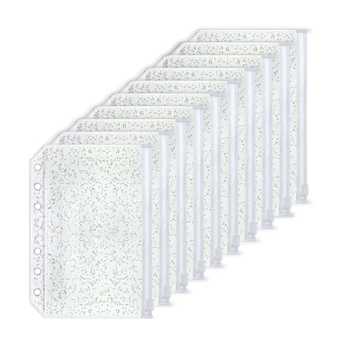 10 x A6-Umschläge mit Reißverschluss, durchsichtig, Glitzer, PVC, 6 Löcher, lose Blättertaschen für 6 Ringbücher, Planer (A6, 10,6 x 17,4 cm) von MEI YI TIAN