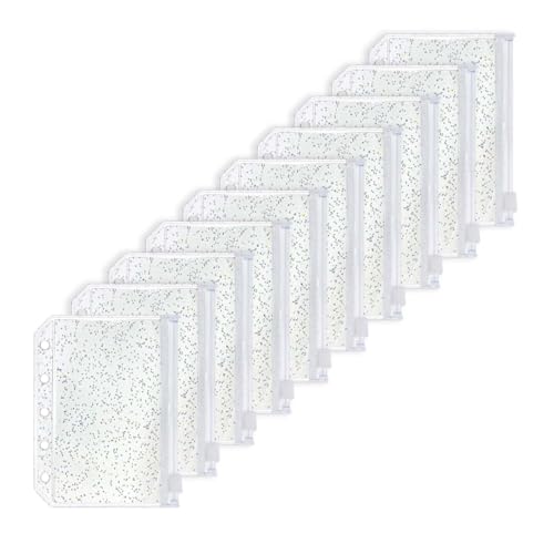 10 x A8-Umschläge für Bargeldfüllung, Reißverschluss, transparent, Glitzer, PVC, 5 Löcher, Reißverschluss, lose Blätter, für 5-Ringbuch-Planer (A8, 8 x 11 cm) von MEI YI TIAN
