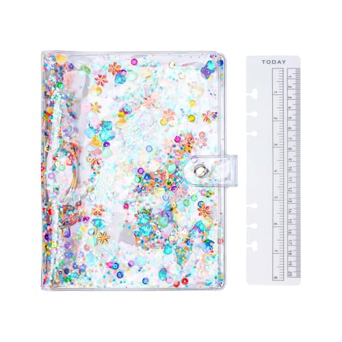 A5 Budget-Ordnereinband, 6-Ringbuch, niedlicher Glitzer, Quciksand, PVC-Planer, Einband mit Lineal, persönliches Notizbuch, Muschel, lose Blätter, Organizer (Glitzer, A5) von MEI YI TIAN