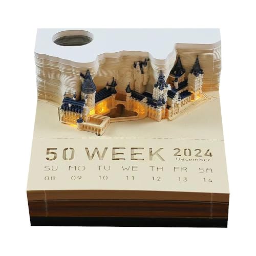 MEICHI 3D Kalender 2024, 3D Notizblock, 3D Schlossmodell Papierkunst mit glasklarem Anzeigebox, 9 x 9 x 5 cm, 150 Blätter (Fehlerhafte gedruckte Version mit Monatsfehler) von MEICHI