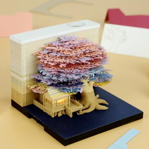 MEICHI 3D Notizblock, nicht verklebt, 3D Baumhaus (Bunt) Papierkunst mit Anzeigebox glasklar, 9 x 9 x 6 cm, 260 Blätter, Tischdeco von MEICHI