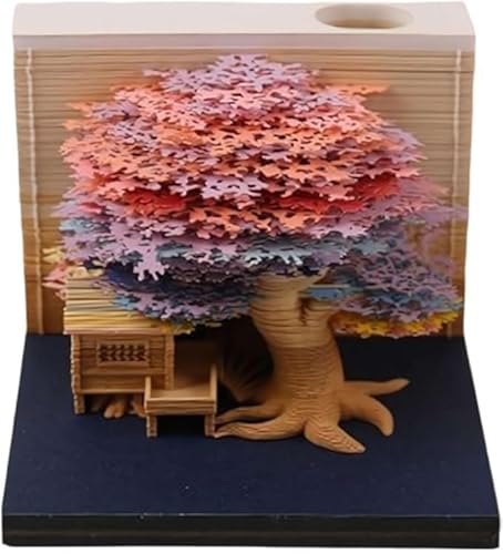 MEICHI 3D Notizblock, nicht verklebt, 3D Baumhaus (Bunt) Papierkunst mit Anzeigebox glasklar, 9 x 9 x 6 cm, 260 Blätter, Tischdeco von MEICHI