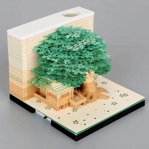 MEICHI 3D Notizblock, nicht verklebt, 3D Baumhaus (Grün) Papierkunst mit Anzeigebox glasklar, 9 x 9 x 6 cm, 260 Blätter, Tischdeco von MEICHI