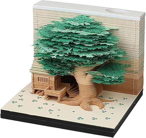 MEICHI 3D Notizblock, nicht verklebt, 3D Baumhaus (Grün) Papierkunst mit Anzeigebox glasklar, 9 x 9 x 6 cm, 260 Blätter, Tischdeco von MEICHI