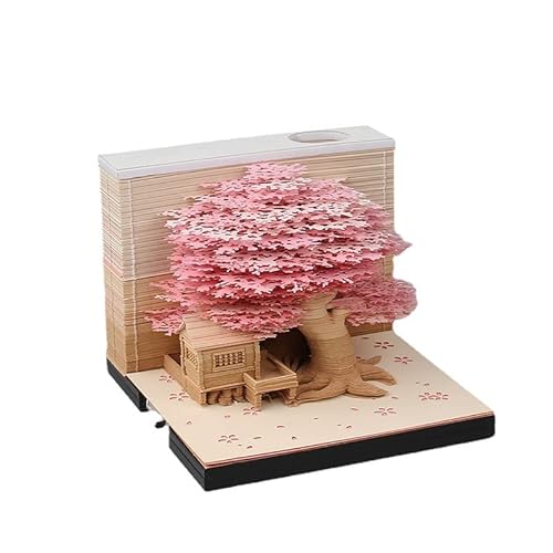 MEICHI 3D Notizblock, nicht verklebt, 3D Baumhaus Papierkunst mit Anzeigebox glasklar, 9 x 9 x 6 cm, 260 Blätter, Tischdeco von MEICHI