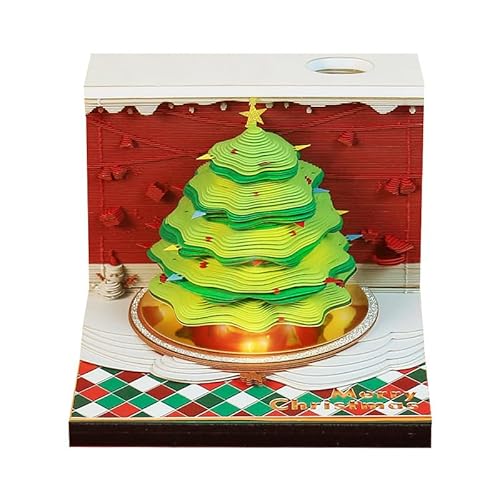 MEICHI 3D Notizblock, nicht verklebt, 3D Weihnachtsbaum Papierkunst mit Anzeigebox glasklar, 8.5 x 8.5 x 6.5 cm, 269 Blätter, Tischdeco von MEICHI