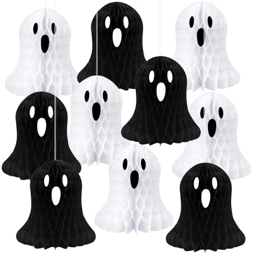 Halloween-Ornamente zum Aufhängen, niedlich, weiß, schwarz, Geist, Wabendekoration, Halloween-Baumschmuck, Papiergeist, Tischdekoration für Zuhause, Büro, Klassenzimmer, Urlaub, Partyzubehör, 10 Stück von MEIDUO