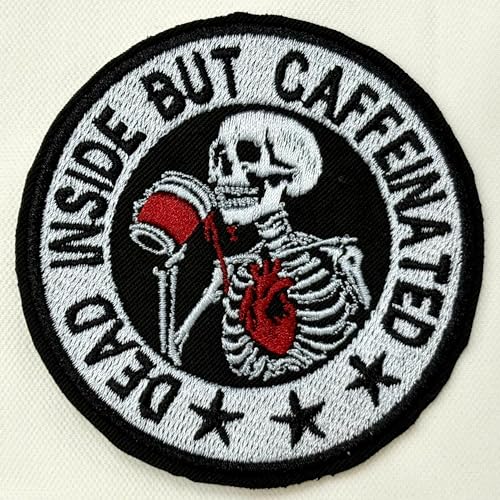 Dead Inside But Caffeinated Patch Funny Skelett Meme Coffee Lovers Embroidered Patches for Backpack, Hat, Jackets, Iron On Sew On, Uniform DIY Embroidery PVC Patches Gift Accessories 3 Inch von MEIHKBEC