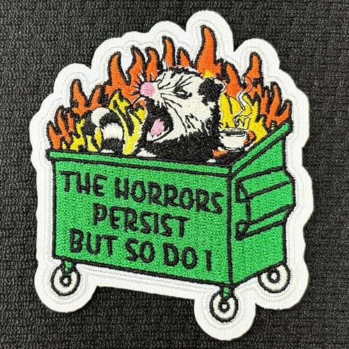 The Horrors Persist But So Do I Patch Funny Raccoon Dumpster Fire Embroidered Patches for Backpack, Hat, Jackets, Iron On Sew On, Uniform DIY Embroidery PVC Patches Gift Accessories for Him Her 7,6 cm The Horrors Persist But So Do I Patch Funny Raccoon Dumpster Fire Embroidered Patches for Backpack, Hat, Jackets, Iron On Sew On, Uniform DIY Embroidery PVC Patches Gift Accessories for Him Her 7,6 cm von MEIHKBEC