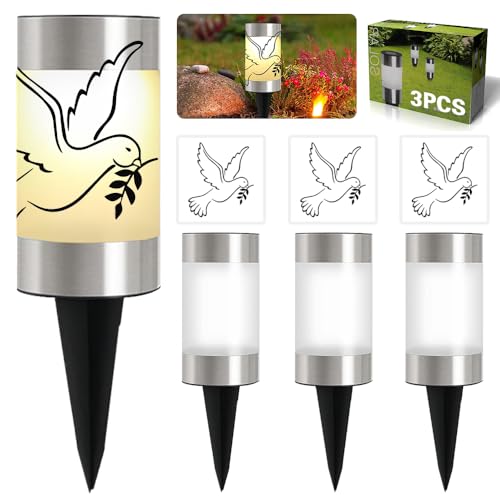 MEISHANG 3er-Set Grablicht LED Solar, Solar Grableuchten für Außen,mit Erdspieß & Taube Aufklebern,IP44 Wetterfest LED Grabkerze,für Friedhof, Urnengrab von MEISHANG