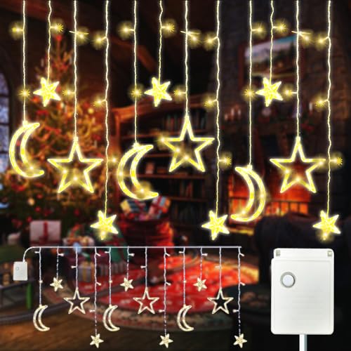 MEISHANG Weihnachtsbeleuchtung Fenster,Weihnachtsfenster-hängelichter,2.5M Lichterkette Sterne Mond,LED Weihnachtsdeko,Lichterkette Weihnachten,Weihnachtsbeleuchtung Außen und Innen(Warmweiß, 8 Modi) von MEISHANG