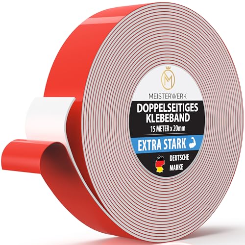 MEISTERWERK Doppelseitiges Klebeband ohne Bohren - [EXTRA STARK] - Universelles Montageband I Doppelseitiges Klebeband stark I Doppelklebeband (15m x 20mm) von MEISTERWERK