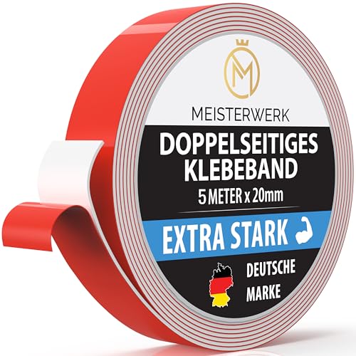 MEISTERWERK Doppelseitiges Klebeband ohne Bohren (5 Meter) - Universelles Montageband I Doppelseitiges Klebeband stark I Doppelklebeband Klebeband (5m x 20mm) von MEISTERWERK