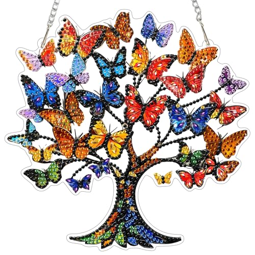 MEIYUDA 5D Diamond Painting Anhänger Erwachsene Kinder Lebensbaum, Schmetterling Sonnenfänger Fensterbilder DIY Set Lichtfanger, Malerei Kristall Diamond Painting Set Erwachsene für Home Wand Décor von MEIYUDA
