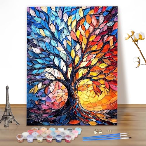 MEIYUDA Malen Nach Zahlen Erwachsene, DIY Set Erwachsene Lebensbaum Bastelset Landschaft, 3 Pinsels Und Acrylfarbe DIY Handgemalt öLgemäLde Kit Als Geschenk und Home Haus Deko 40x50cm(Ohne Rahmen) von MEIYUDA