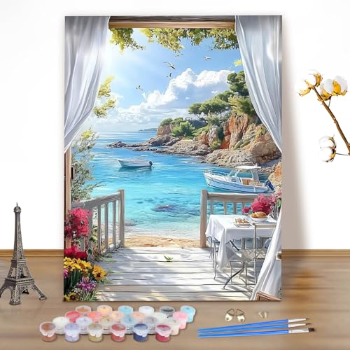 MEIYUDA Malen Nach Zahlen Erwachsene Blick aufs Meer, DIY Landschaft Set Handgemalt Ölgemälde Kit für Anfänger Mit 3 Pinseln und Acrylfarbe, Geschenke und Home Haus Deko 40x50cm(Ohne Rahmen) von MEIYUDA