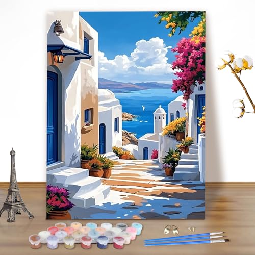 MEIYUDA Malen Nach Zahlen Erwachsene Blick aufs Meer, DIY Set Handgemalt Ölgemälde Kit für Anfänger Mit 3 Pinseln und Acrylfarbe, Geschenke und Home Haus Deko 40x50cm(Ohne Rahmen) von MEIYUDA