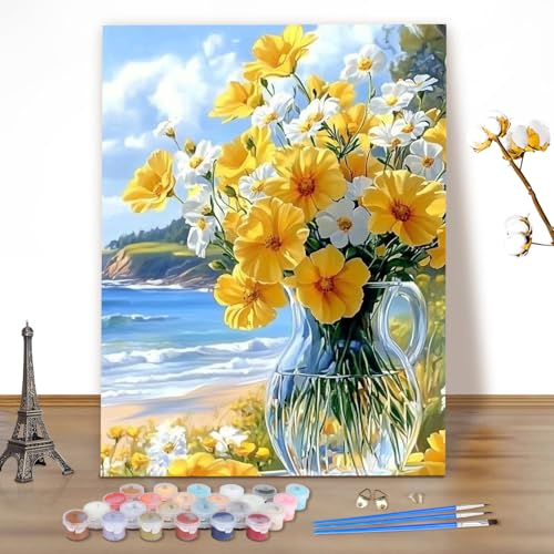 MEIYUDA Malen Nach Zahlen Erwachsene Blumen, Meerblick Paint by Numbers Bastelset Malen Nach Zahlen, DIY Handgemalt Ölgemälde Leinwand für Home Décor 40x50cm(Ohne Rahmen) von MEIYUDA