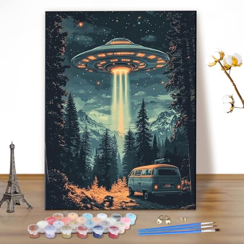 MEIYUDA Malen Nach Zahlen Erwachsene Bus im Wald, DIY UFO Digitales Ölgemälde-Set auf Leinwand mit Pinseln und Acrylpigment Bastelset, Artwork für Heimdekoration Geschenk 40x50cm(Ohne Rahmen) von MEIYUDA