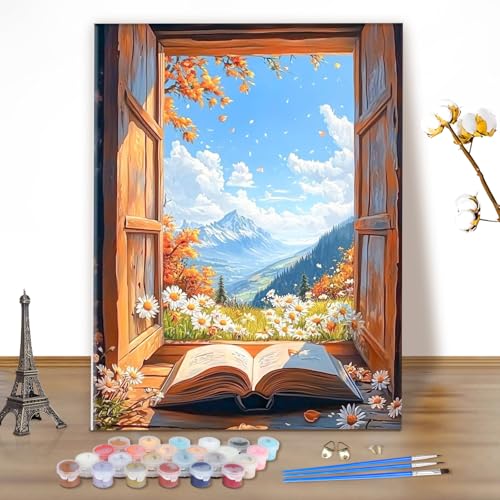 MEIYUDA Malen Nach Zahlen Erwachsene Fenster-Ansicht, DIY Digitales Ölgemälde-Set auf Leinwand mit Pinseln und Acrylpigment Bastelset, Artwork für Heimdekoration Geschenk 40x50cm(Ohne Rahmen) von MEIYUDA