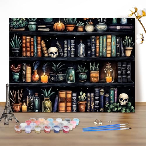 MEIYUDA Malen Nach Zahlen Erwachsene Halloween, Bücherregal Paint by Numbers Bastelset Malen Nach Zahlen, DIY Handgemalt Ölgemälde Leinwand für Home Décor 50x40cm(Ohne Rahmen) von MEIYUDA