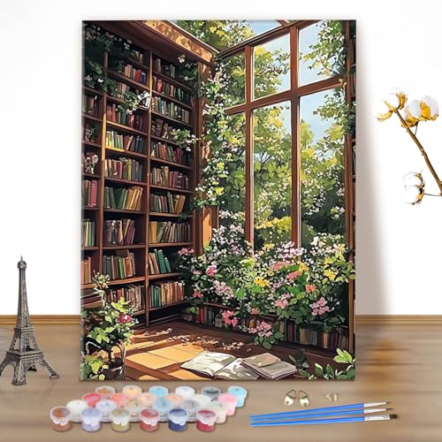 MEIYUDA Malen Nach Zahlen Erwachsene Landschaft, DIY Bücherregal Digitales Ölgemälde-Set auf Leinwand mit Pinseln und Acrylpigment Bastelset, Artwork für Heimdekoration Geschenk 40x50cm(Ohne Rahmen) von MEIYUDA