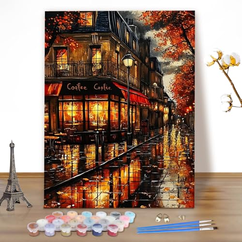 MEIYUDA Malen Nach Zahlen Erwachsene Regennacht, Kaffee Paint by Numbers Bastelset Malen Nach Zahlen, DIY Handgemalt Ölgemälde Leinwand für Home Décor 40x50cm(Ohne Rahmen) von MEIYUDA