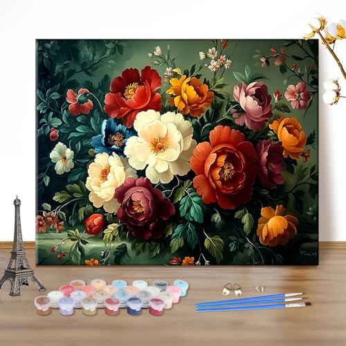 MEIYUDA Malen Nach Zahlen Erwachsene Retro Blumen, DIY Set Handgemalt Ölgemälde Kit für Anfänger und Erwachsene Mit 3 Pinseln und Acrylfarbe, Geschenke und Home Haus Deko 50x40cm(Ohne Rahmen) von MEIYUDA