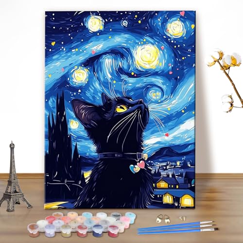 MEIYUDA Malen Nach Zahlen Erwachsene Schwarze Katze, Sternnacht Bastelset Malen Nach Zahlen, DIY Set mit Pinseln und Acrylfarben Handgemalt Ölgemälde Leinwand für Home Décor 40x50cm(Ohne Rahmen) von MEIYUDA