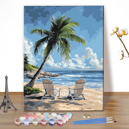 MEIYUDA Malen Nach Zahlen Erwachsene Sonnenstrand-Palme, Paint by Numbers Bastelset Malen Nach Zahlen, DIY Set mit Pinseln und Acrylfarben Handgemalt Ölgemälde Leinwand 40x50cm(Ohne Rahmen) von MEIYUDA