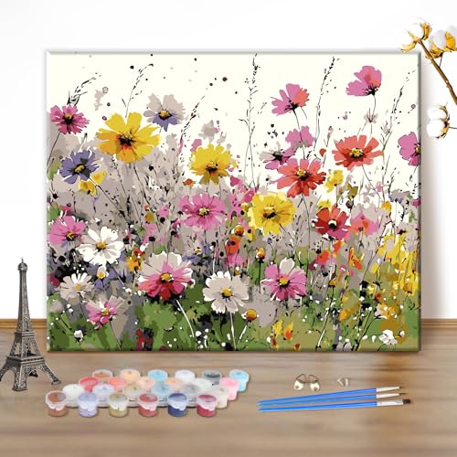 MEIYUDA Malen Nach Zahlen Erwachsene Wilde Blumen, DIY Set Handgemalt Ölgemälde Kit für Anfänger und Erwachsene Mit 3 Pinseln und Acrylfarbe, Geschenke und Home Haus Deko 50x40cm(Ohne Rahmen) von MEIYUDA