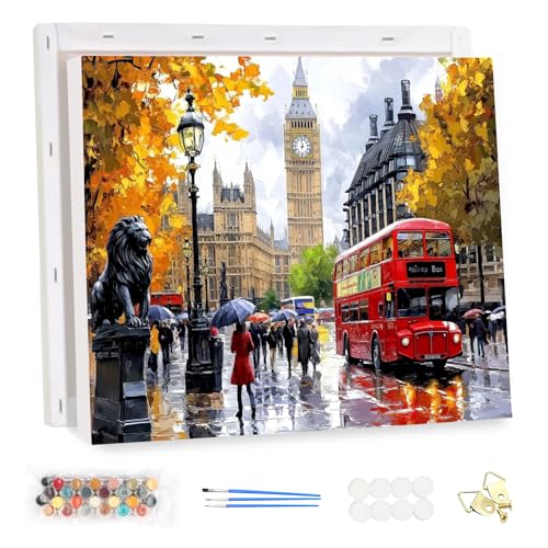 MEIYUDA Malen Nach Zahlen Erwachsene mit Rahmen, DIY Set Erwachsene Londoner Stadtansicht Bastelset, 3 Pinsels Und Acrylfarbe DIY öLgemäLde Kit Als Geschenk und Home Haus Deko 40x30cm(Geschenk-Box) von MEIYUDA