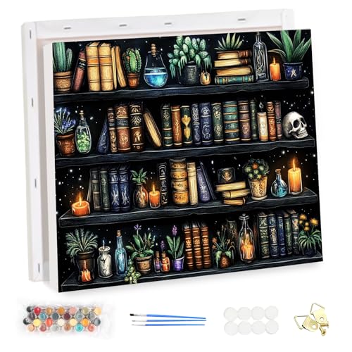 MEIYUDA Malen Nach Zahlen Erwachsene mit Rahmen Halloween, Paint by Numbers Malen Nach Zahlen Bücherregal, DIY Set mit Pinseln und Acrylfarben Handgemalt Ölgemälde Leinwand für Home Décor 40x30cm von MEIYUDA
