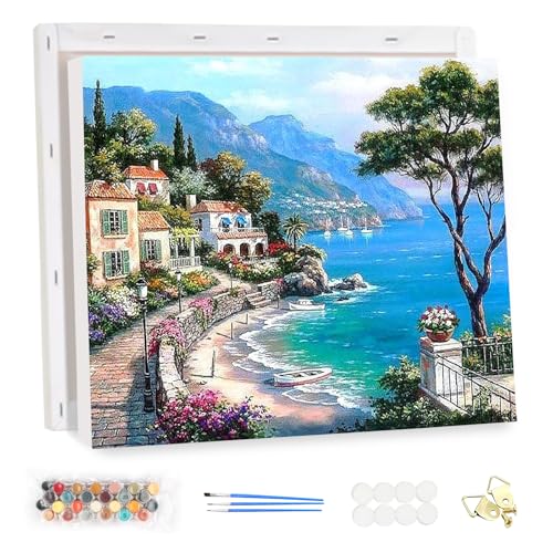 MEIYUDA Malen Nach Zahlen Erwachsene mit Rahmen Meerblick, DIY Set Erwachsene Landschaft Bastelset, 3 Pinsels Und Acrylfarbe DIY Handgemalt öLgemäLde Kit Als Geschenk und Home Haus Deko 40x30cm von MEIYUDA