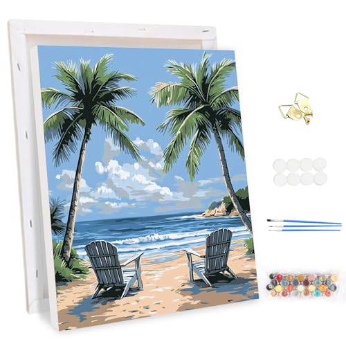 MEIYUDA Malen Nach Zahlen Erwachsene mit Rahmen Sonnenstrand-Palme, DIY Set Handgemalt Ölgemälde Kit für Anfänger und Erwachsene Mit 3 Pinseln und Acrylfarbe, Geschenke und Home Haus Deko 30x40cm von MEIYUDA
