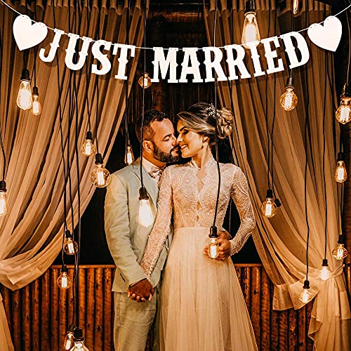 Just Married Girlande Vintage Rustikal Wimpelkette Banner mit Seil Hochzeitsgirlande als Deko für Hochzeit Fest Party Brautdusche Junggesellinnenabschied oder Foto Photo Booth Fotografie (Weiß) von MEJOSER