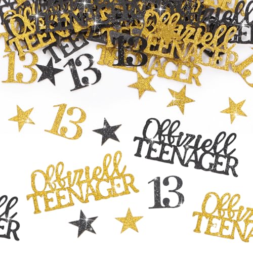 MEJOSER 100 Stück 13 Geburtstag Junge Mädchen Deko Konfetti Offiziell Teenager Glitzer Tischdeko 13 Jahre 13 Jährige Kinder Streudeko Schwarz Gold Geburtstagsdeko Geschenke (Schwarz Gold) von MEJOSER