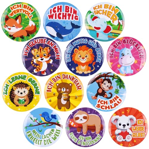 MEJOSER 12 Stück Buttons Anstecker Kinder Tiere Sprüche auf Deutsch Motivation Einschulung Geschenk Mädchen Junge Schultüte Füllung Abschiedsgeschenk Kindergarten Kindergeburtstag Party Mitgebsel von MEJOSER
