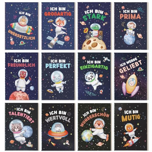 MEJOSER 12 Stück Mini Notizbuch Kinder Weltraum Mitgebsel Kindergeburtstag Notizblock Liniert Klein Inspirierende Sprüche Einschulung Geschenk Schultüte Füllung Junge Mädchen Party Schulkind von MEJOSER