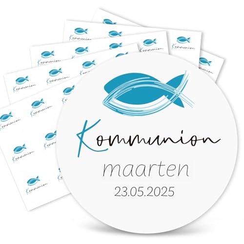MEJOSER 120 Stück 4cm Aufkleber Kommunion Sticker zum Beschriften Gastgeschenke Einladungskarten Kommunion Deko Fisch Blau Etiketten Selbstklebend Rund Junge Mädchen von MEJOSER