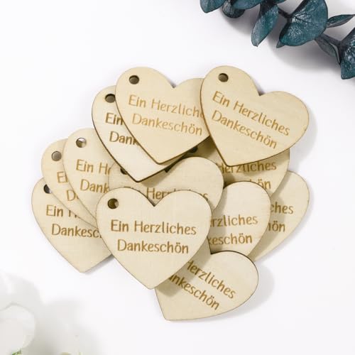 MEJOSER 24 Stück Danke Anhänger Holz Herz 5x4,5cm Geschenkanhänger für Dankeschön Geschenke Klein Hochzeit Etiketten Tags zum Aufhängen Geburtstag Babyparty Kommunion Taufe Gastgeschenke Deko von MEJOSER