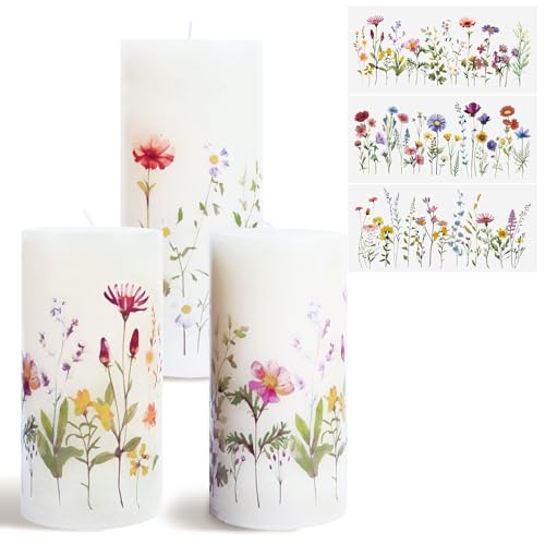 MEJOSER 3 Stück Kerzentattoos Hochzeit Taufe Blumen Geburtstag 29x12.6cm Folie Aufkleber für Kerzen Tattoo Bunt Wasserschiebefolie Kerzensticker Kerzenfolie Deko Sommer Geburt Babyparty Frühling von MEJOSER