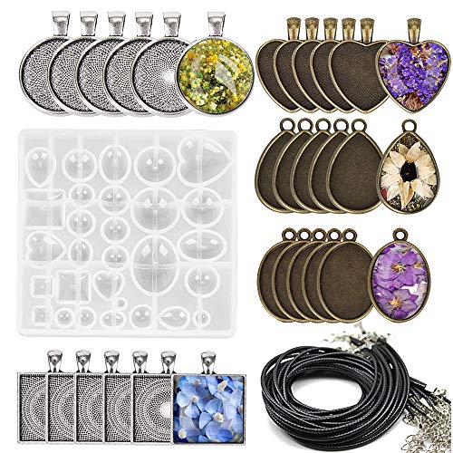 MEJOSER 31 Stück Anhänger Schalen aus Silikon mit 30 Stück Seil Halskette 1,5 mm Epoxidharz Metall Herstellung DIY Schmuck Set Freizeit Geschenk Kreative Halskette von MEJOSER