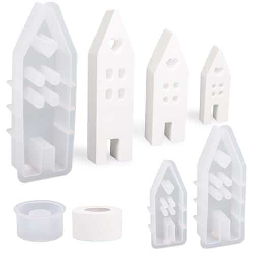 MEJOSER 4 Stück Silikonformen Gießformen 3 Häuser + Kerzenhalter 15cm Groß Gießform Silikon Formen zum Gießen Weihnachten Kerzen Silikonform DIY Handwerk von MEJOSER